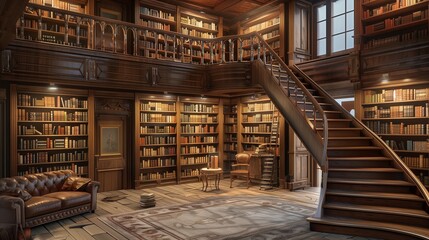 A drawing room with a floating staircase leading to a mezzanine library filled with leather-bound books