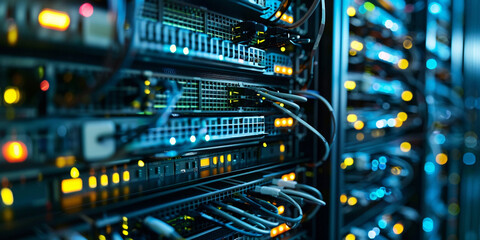 Naklejka premium Closeup of a network server room with blue background