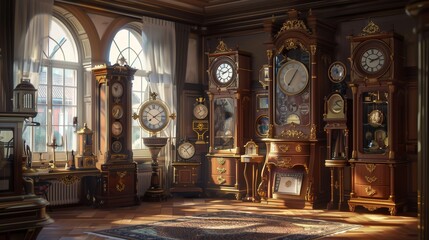 Obraz premium A drawing room with a collection of artistic clocks from around the world