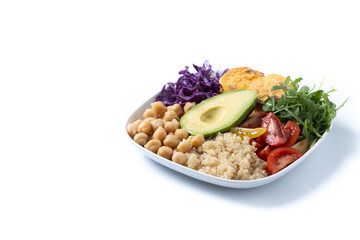 Healthy salad with avocado,lettuce,tomato and chickpeas isolated on white background. Copy space
