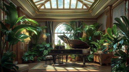 A drawing room with a grand piano positioned under a skylight, surrounded by lush indoor plants