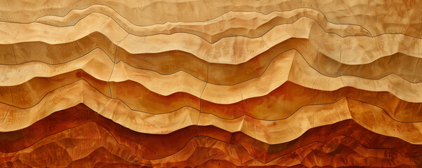 A pattern of undulating sand dunes, carved in wood with visible grain and texture, in warm earthy...