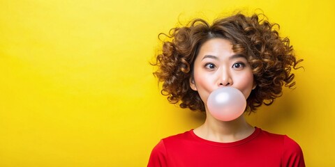 beautiful thai woman with stylish hairstyle inflated chewing gum balloon space for text