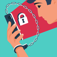 Internet addiction. Hand in handcuff with chain holds smartphone. Nomophobia concept. Digital dependence. Digital detox. The habit of using social networks and media. Vector illustration flat design.