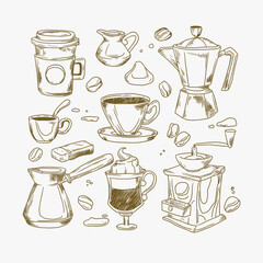 coffee hand drawn icon set vector