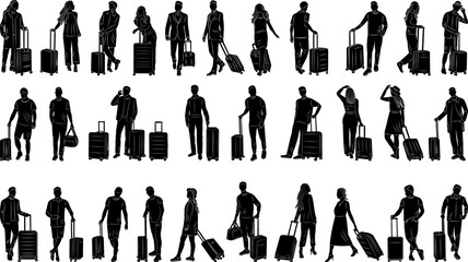 set of silhouettes of people with suitcases on a white background vector