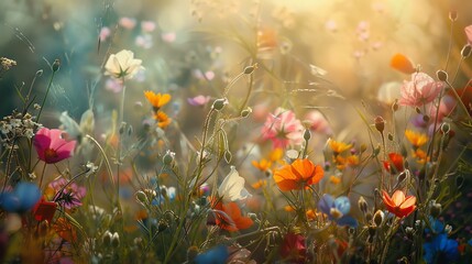 Dynamic floral background showcasing wildflowers in a meadow, rustic theme, lively, Overlay, countryside scene backdrop