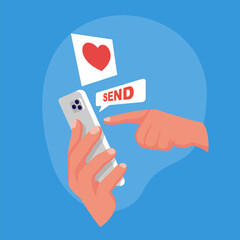 Send charity. Phone in hand. Send a heart. Vector illustration flat design. Isolated on white background. Press the button on the screen of the smartphone.