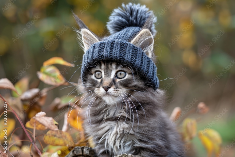 Poster charming cat in hat and scarf on fall backdrop with ample space for text placement