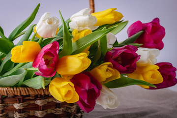 A beautiful wicker basket brimming with vibrant tulips displayed on a table