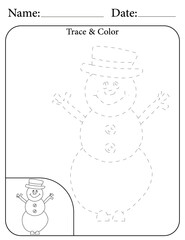 Snowman Printable Activity Page for Kids. Educational Resources for School for Kids. Kids Activity Worksheet. Trace and Color the Shape