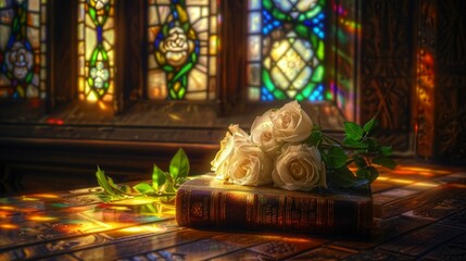 Obraz premium White Roses on Bible in Stained Glass Chapel