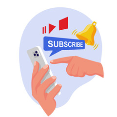 Subscribe button. Man on the phone clicks the Subscribe button. Content web. Vector illustration flat design. Isolated on white background. The bell as a reminder symbol behind the subscriber.
