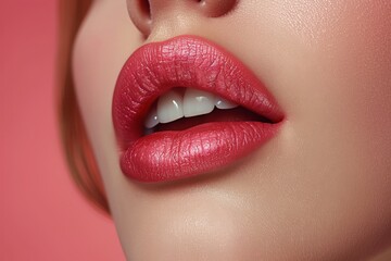 Naklejka premium Close-up of glossy, plump red lips slightly parted.