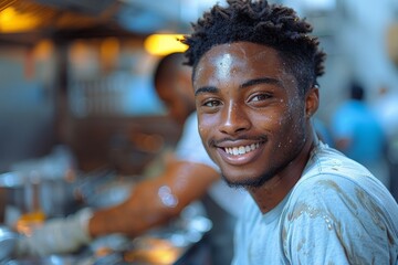Fototapeta premium Smiling African American man with wet face in busy kitchen.