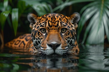 Obraz premium Majestic jaguar with intense eyes partially submerged in water.