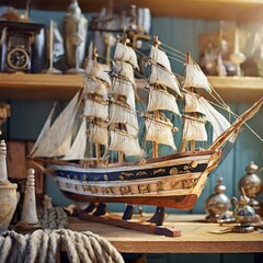 a souvenir sailing ship standing on a shelf, capturing the intricate craftsmanship and nautical charm.