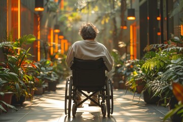 Obraz premium Elderly person in wheelchair in a sunlit indoor garden.