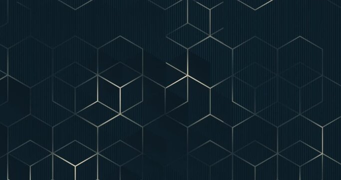 4k Abstract luxury dark navy blue sea color gradient backgrounds with golden beige metallic striped grid. Geometric hexagonal graphic motion animation. Seamless looped dark backdrop. Simple elegant