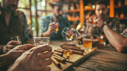 Fototapeta premium Cigars and whiskey glasses on the table in close-up, capturing the essence of a refined men's gathering, characterized by conviviality and relaxation 