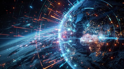 Earth depicted with a digital warfare overlay, incorporating scifi elements such as energy shields and orbital weapons, set against a backdrop of international cyber conflicts