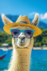Naklejka premium Llama in stylish attire relaxing on beach vacation enjoyment concept with text space