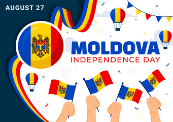 Moldova Independence Day Vector Illustration for August 27 featuring a Waving Flag in a National Holiday Flat Cartoon Style Background