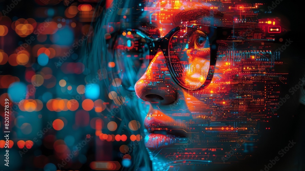 Poster close-up of a person's face reflecting data and codes, symbolizing technology, programming, and cybe