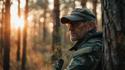 Obraz premium A man in camouflage gear is standing in a forest, looking at the camera