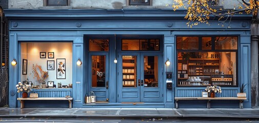 Charming blue storefront of a cozy neighborhood shop with vibrant window displays and rustic benches in autumn.