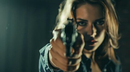 A woman is holding a gun and looking at the camera