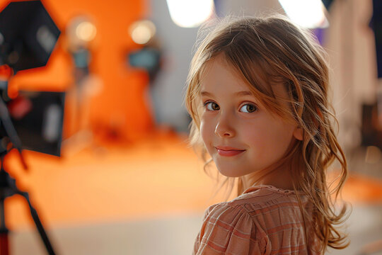 Little cute girl in a modeling agency or acting studio. Children's creativity. Generated by artificial intelligence