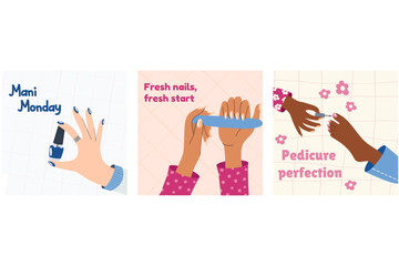 Woman painting and files her nails. Female manicured hands with nail polish. Beauty treatment aesthetic.