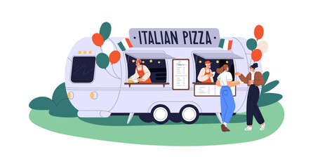 Pizza truck. Italian food, mobile cafe van. Happy people customers buying fast food. Women talking to vendor at street summer caravan, wagon. Flat vector illustration isolated on white background