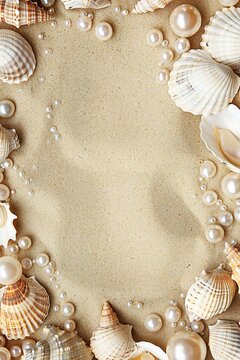 vertical border frame template of various shells and pearls on sand background top view with copy space
