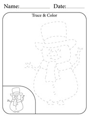Snowman Printable Activity Page for Kids. Educational Resources for School for Kids. Kids Activity Worksheet. Trace and Color the Shape