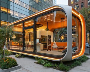 Modern glass office pod surrounded by greenery, showcasing innovative architectural design with sleek, contemporary interior.