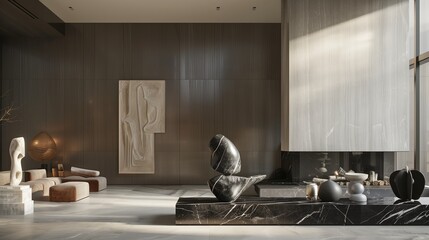 A drawing room with a sleek, black marble fireplace and a collection of modern sculptures