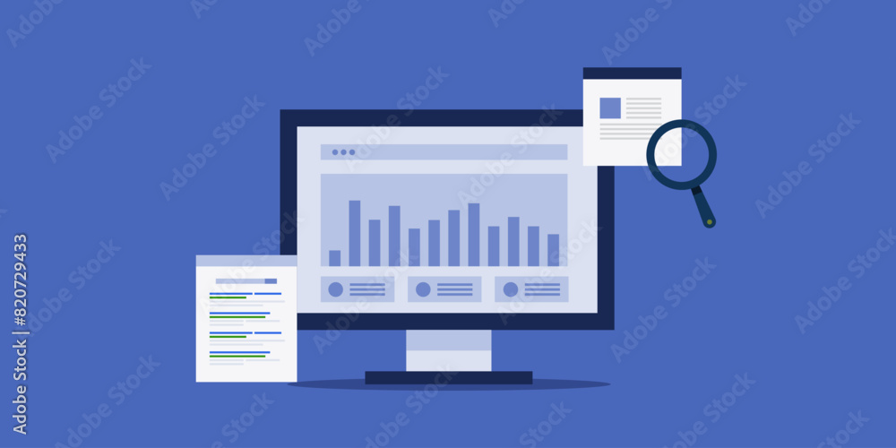 Poster seo analytics report, internet traffic and website conversion graph, data research on screen, vector