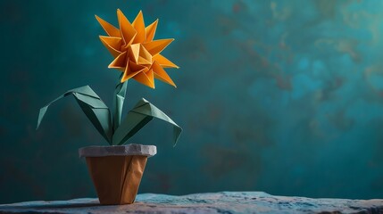 Origami sunflower in a pot on green background. Paper folding art and floral concept. 3D digital illustration for wallpaper, poster, banner with copy space