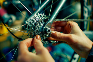 A woman adjusting the gears on her road bike.