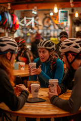 A woman cyclist engaging in conversation with a group of fellow cyclists at a coffee shop