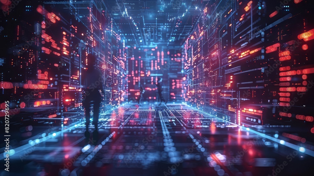 Poster person in a futuristic digital data center full of glowing lights and servers, representing advanced