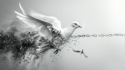 Chains turn to dust, bird flies free on white backdrop symbolizing freedom