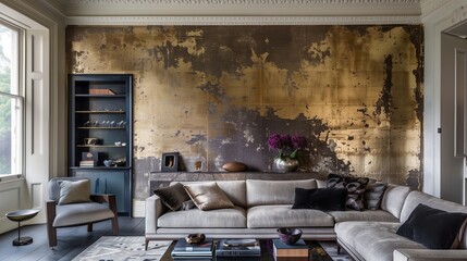 A drawing room with a statement wall covered in hand-painted, metallic wallpaper