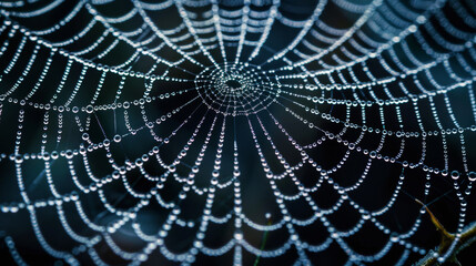 Intricate spider web with dew drops