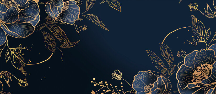 golden peony flowers in navy blue luxury texture background