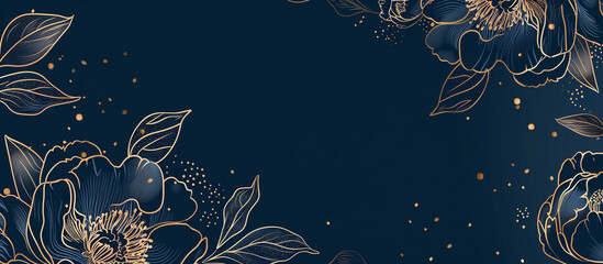 golden peony flowers in navy blue luxury texture background