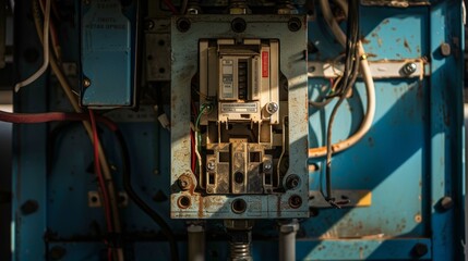 Tripped breaker close-up in a residential electric box, intricate wiring, shadows and light creating a focused scene