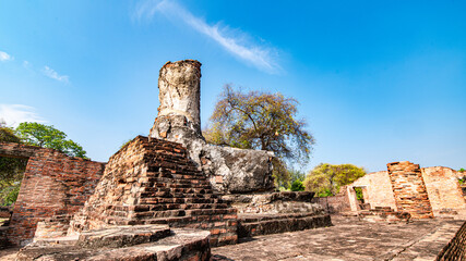 Ruins of the Chedi Stupa Church And an ancient Buddha image from the Ayutthaya period is in Wat...